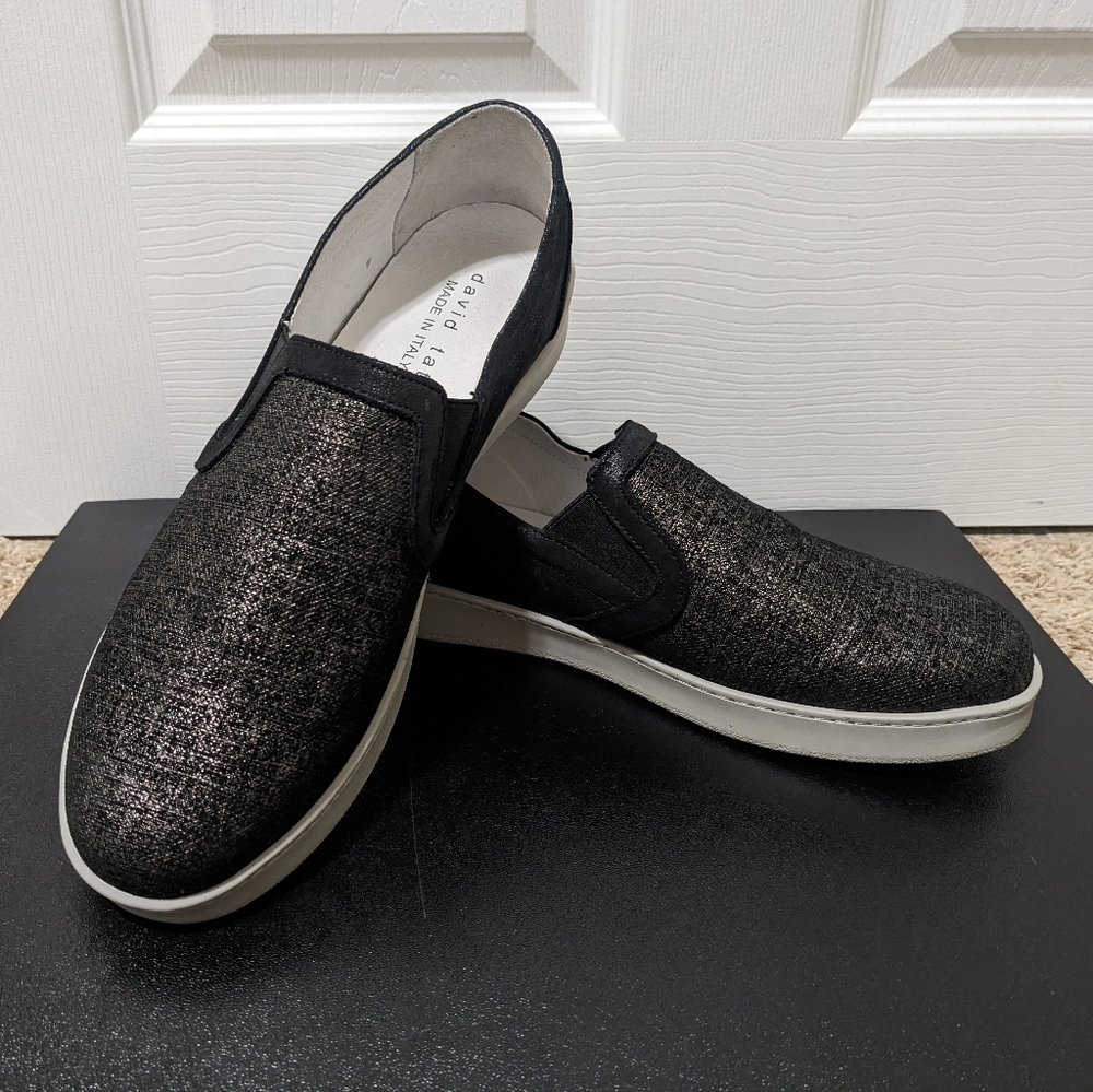 David Tate Valentina, Metallic Slip-On Sneaker, Women's Size 12, Rose Gold/Black